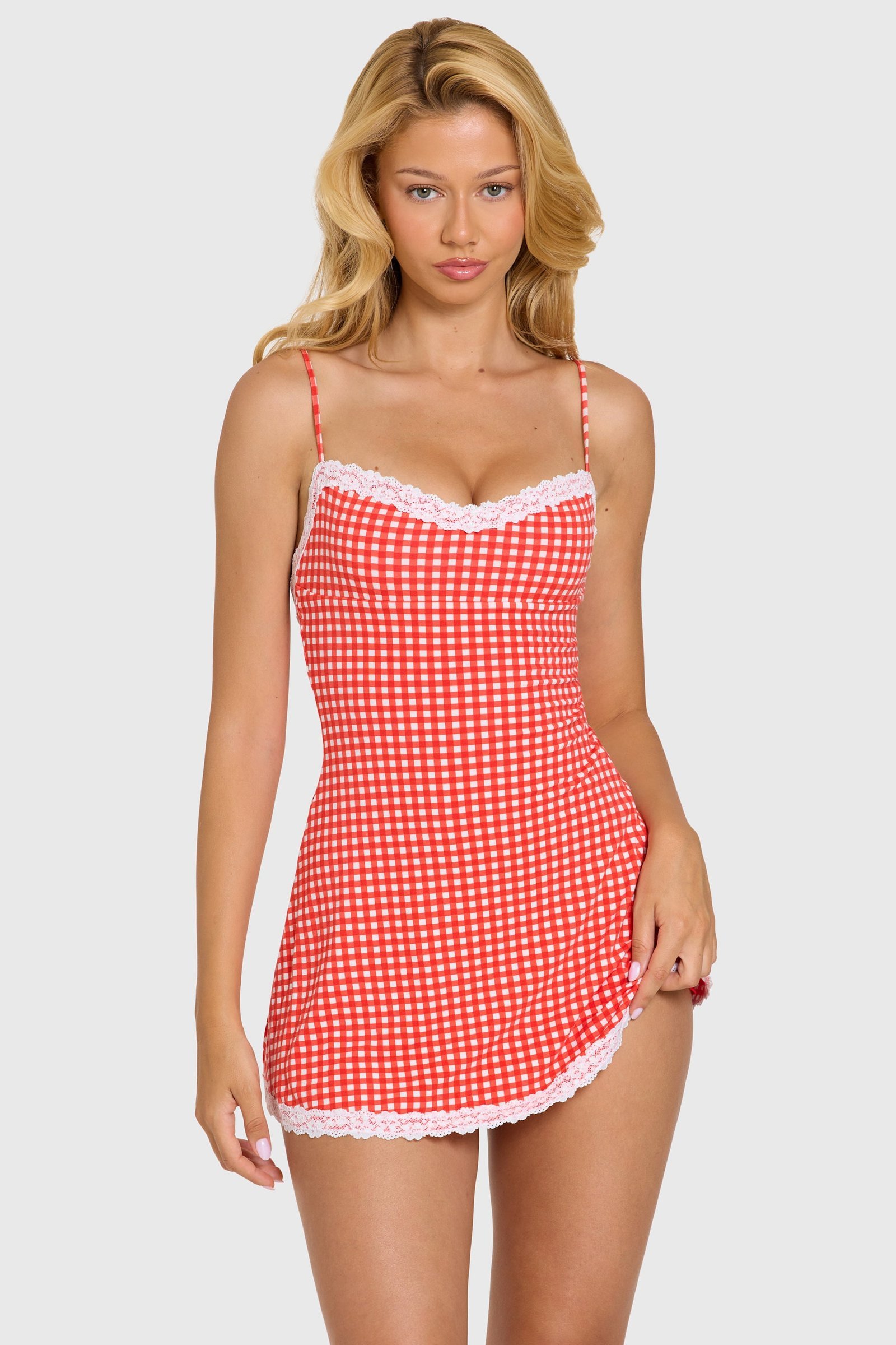 Ombralye-elorae-modal-lace-trim-mini-dress-in-red-gingham_16587EloraeRedGingham_6 Modal Lace-Trim Mini Dress in Red Gingham - Image 1