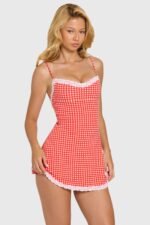 Modal Lace-Trim Mini Dress in Red Gingham - Image 5