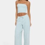 Ribbed Jersey Low-Rise Trousers in Mint Stripe