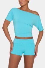 Ombralye Mini Foldover Shorts in Aqua - Image 4
