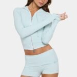 Ribbed Jersey Cropped Hoodie in Mint Stripe