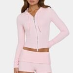 Ribbed Jersey Cropped Hoodie in Peach Stripe