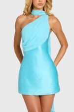 Satin Scarf-Detail Mini Dress in Aquamarine - Image 4
