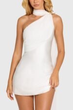 Satin Scarf-Detail Mini Dress in Pearl - Image 4