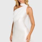 Satin Scarf-Detail Mini Dress in Pearl