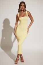 Square Neck Midi Dress in Pastel Yellow - Image 5