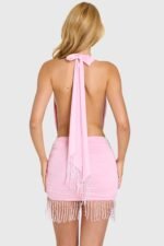Fringed Halterneck Mini Dress in Bubblegum Pink - Image 7