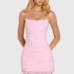 Embellished Square-Neck Mini Dress in Bubblegum Pink