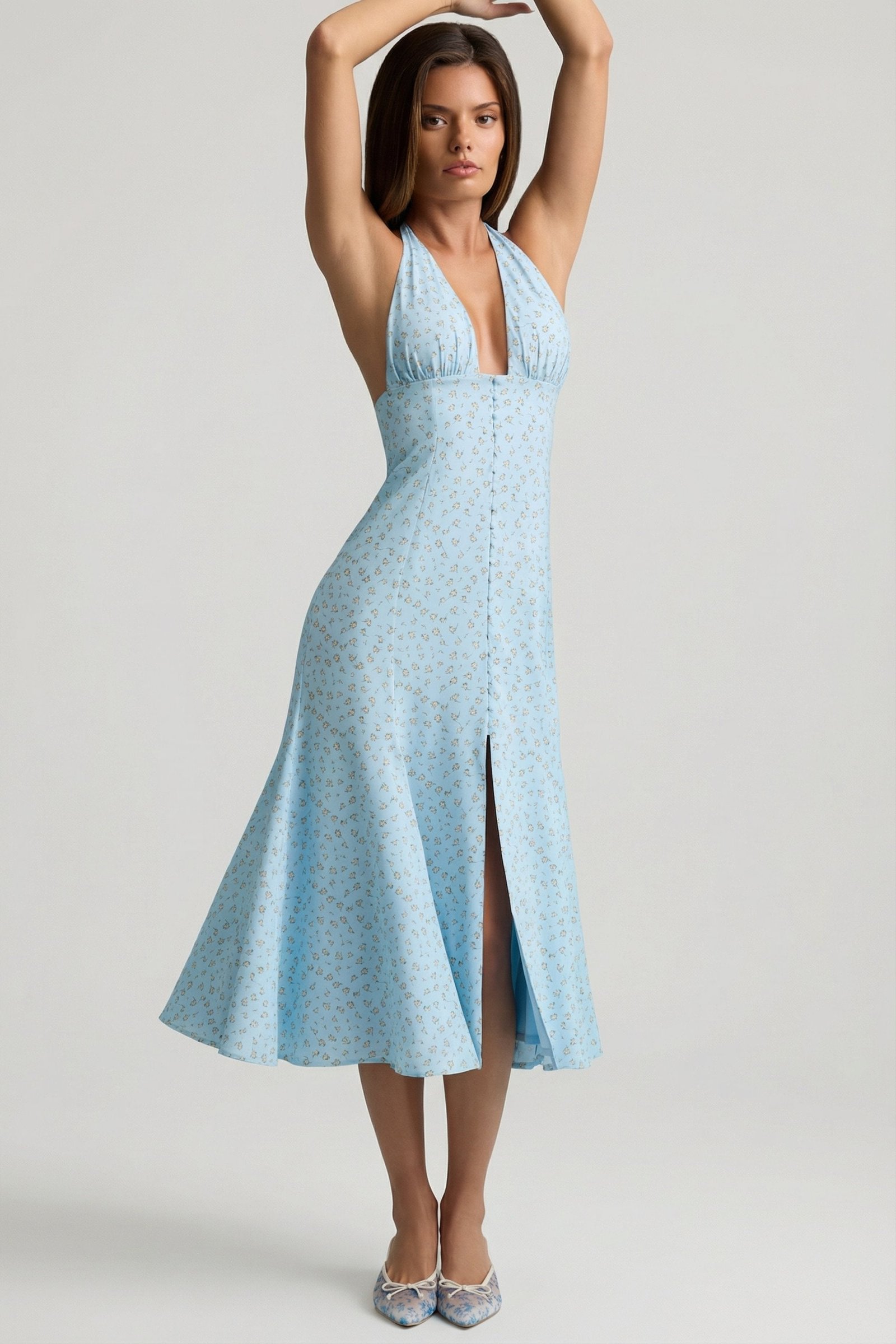oh-polly-elonia-plunge-halterneck-a-line-midaxi-dress-blue-floral-print_14382AEloniaBlueFloralPrint_1 Halterneck Midaxi Dress in Blue Flower Print - Image 1