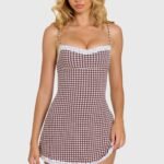 Modal Lace-Trim Mini Dress in Brown Gingham
