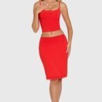 Modal Lace-Trim Midi Skirt in Cherry