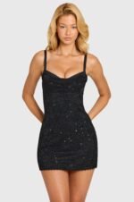 Sequin Lace Tie-Back Mini Dress in Black