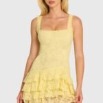 Sequin Lace Ruffle Mini Dress in Butter