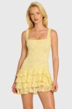 Sequin Lace Ruffle Mini Dress in Butter