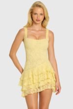 Sequin Lace Ruffle Mini Dress in Butter - Image 7