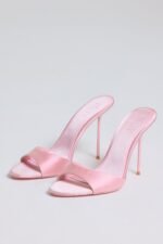 Satin Heeled Mule Sandal in Soft Pink - Image 4