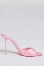 Satin Heeled Mule Sandal in Soft Pink - Image 6