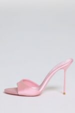 Satin Heeled Mule Sandal in Soft Pink - Image 7
