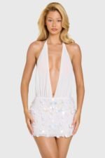 Embellished Skirt Chiffon Mini Dress in Ivory - Image 8
