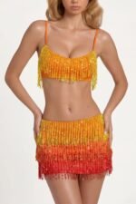 Fringed Low-Rise Mini Skirt in Orange Ombre - Image 2