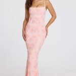 Embellished Square-Neck Maxi Dress in Soft Pink Ombre