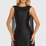 Satin Draped Mini Dress in Black
