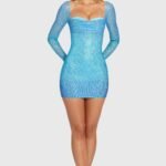 Embellished Long-Sleeve Mini Dress in Blue Ombre