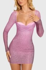 Embellished Long-Sleeve Mini Dress in Pink Ombre - Image 4