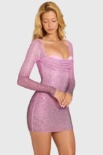 Embellished Long-Sleeve Mini Dress in Pink Ombre - Image 5