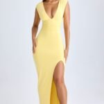 Modal Plunge-Neck Thigh-Split Maxi Dress in Lemon Sherbet